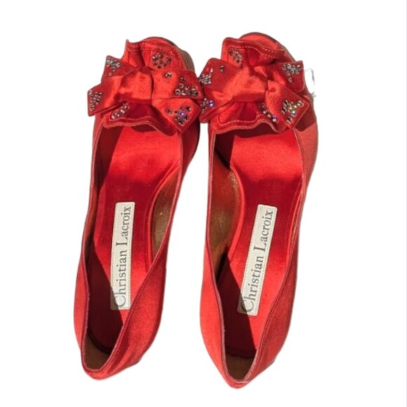 Christian Lacroix High Heel Peep-Toe Shoes with Bow and Rhinestones - Picture 3 of 8